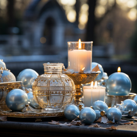 Blue, white and gold Christmas decoration for house.の素材