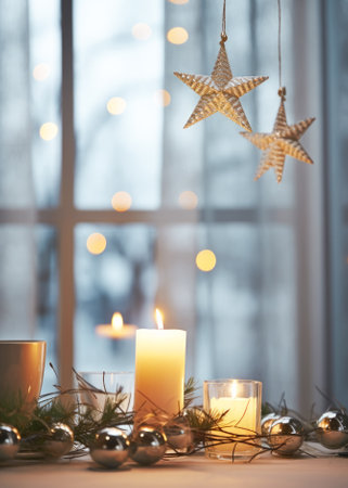 Christmas home decor with candles and Christmas ornaments on table opposite the window.の素材
