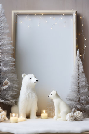 Christmas home decor with candles, figures of bears, empty picture frame and Christmas ornaments on table.の素材