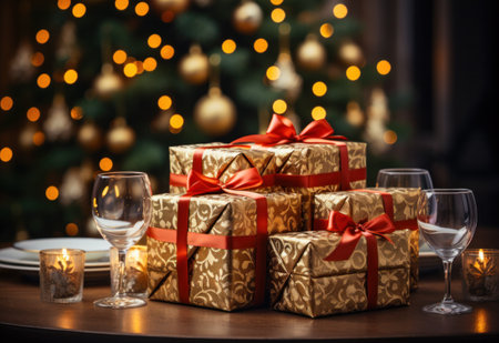 Getting ready for Christmas. Gift boxes, ornaments, candles and dishes.の素材