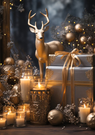 Christmas winter still life with gift box, gold figurine of deer, decorative Christmas tree, burning candles and festive decorations on light background. Christmas composition for homeの素材