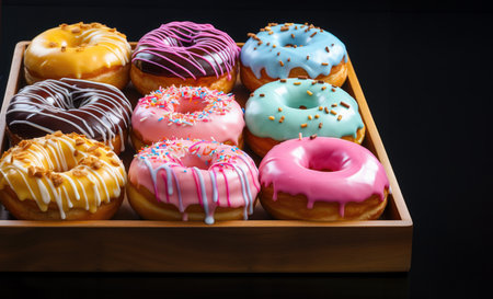 Variety of colorful donuts, freshly baked and adorned with glaze and sprinkles, are showcased in a tempting array.の素材