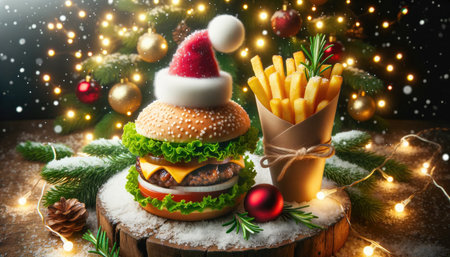 Snowman Christmas Burger. A delightful holiday burger sculpted into the shape of a snowman on festive backdrop.の素材