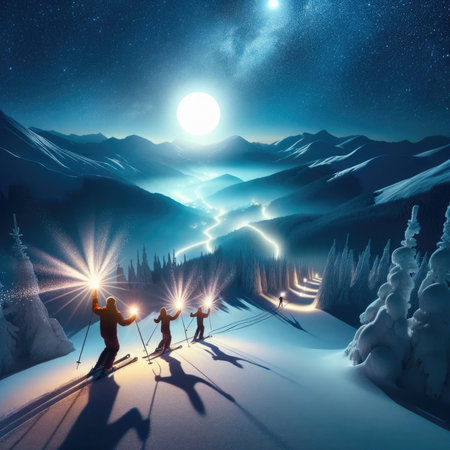 Midnight Skiingit is tradition for skiers to hit the slopes at midnight on Christmas Day, sometimes carrying torches to light their way as they ring in the holidayの素材