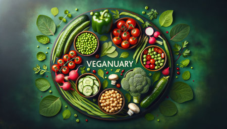 Vegetarian concept from vegetables, fruits and plant based protein food top view. Veganuary month long vegan commitment in January.の素材