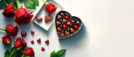 Romantic Valentine's Day Composition with Red Roses and Heart-Shaped Chocolate Boxの素材