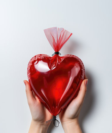 Transparent plastic packaging in the shape of a heart filled with red liquid in woman handsの素材