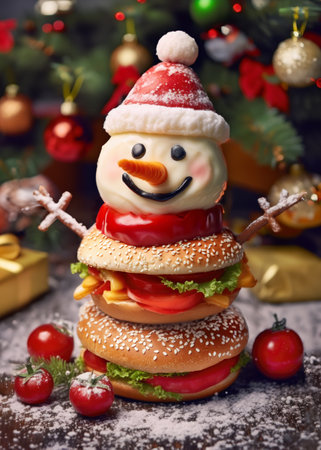 Snowman Christmas Burger. A delightful holiday vegetarian burger sculpted into the shape of a snowman on festive backdrop.の素材