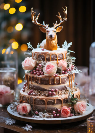 Exquisite Christmas cake, adorned with a lifelike fondant deer, roses and berriesの素材