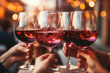 Glasses with red wine in hands of people, ready to toast and cheers with friends. Closeup moment of connection and enjoyment during a celebration.の素材