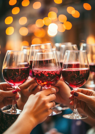 Glasses with red wine in hands of people, ready to toast and cheers with friends. Closeup moment of connection and enjoyment during a celebration.の素材