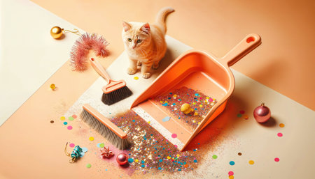 Adorable Kitten helper next to Dustpan with Colorful Confetti and Serpentine. Mess and Cleaning after New Year Partyの素材