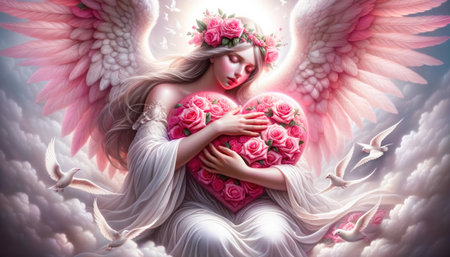 Festive card with angel, flowers and hearts for Valentine's Day on a light pink backgroundの素材