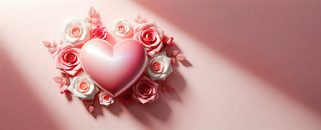 Festive composition from roses and hearts for Valentine's day on light pink background.の素材