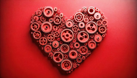 Creative red mechanical heart made from different metal details. Valentine's day concept.の素材