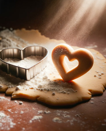 Making heart shaped cookies for Valentine's Day. Cookies, molds and flour on wooden table.の素材