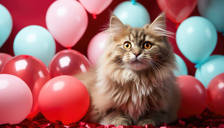 Funny cat sits among colorful air balloons. Festive concept Valentine's day with pet.の素材