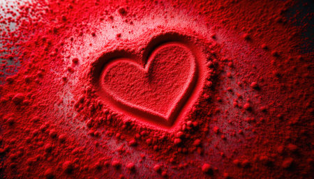 Valentine's Day concept with red background with a heart shape in the middle and explosion powder aroundの素材