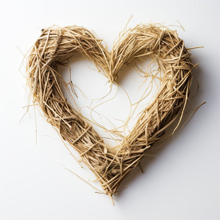 Handmade heart made of straw and dry plants on a white background. Valentine's day ideaの素材