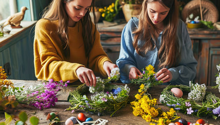 Young girls make Easter decorations from flowers and Easter eggs. Making an Easter wreath togetherの素材