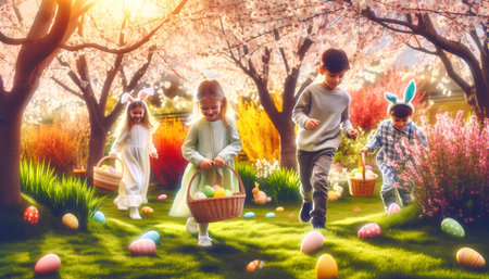 Kids on Easter Egg Hunt in spring park with baskets in costume easter animalsの素材