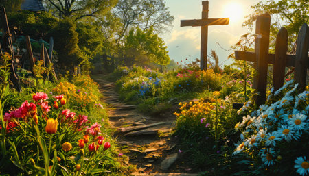 Rustic Easter Cross Standing in old cemetery among flowers and greenery and illuminated by morning sunlightの素材