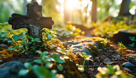 Ancient Stone Cross Amongst Forest Greenery with Sunlight Streaming Through the Treesの素材