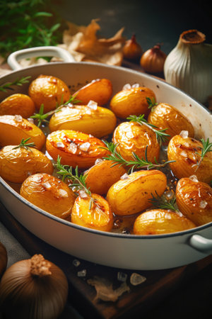 Roasted potatoes arranged on a baking dishの素材