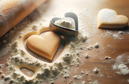 Making heart shaped cookies for Valentine's Day. Cookies, molds and flour on wooden table.の素材