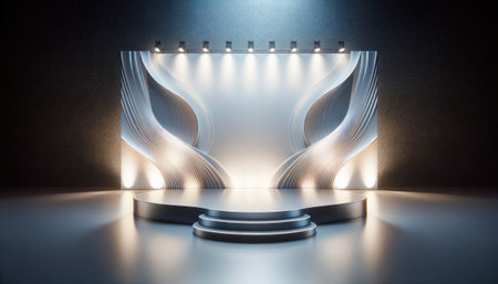 Futuristic Podium with Circular Light Design. Empty scene with curtainsの素材