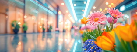 Blurred scene with Spring Flowers in Shopping Mall. Vibrant pink gerbera and tulips flowers in a mall with a soft-focus background.の素材