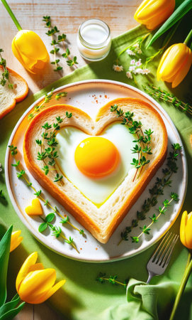 Egg fried in heart-shaped toast, garnished with herbs on a white plate. Romantic Toast for Breakfastの素材