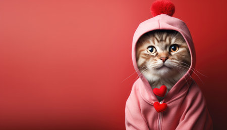 Stylish funny cat wearing fashion pink hoodie on red pink backgroundの素材