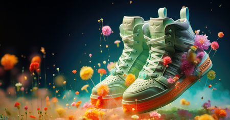 Fashion Sportive Concept of Whimsical Sneakers in Floral Cloudscape.の素材