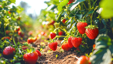 Strawberries Growing in the Field.の素材