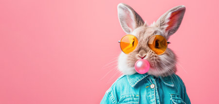A stylish bunny in a denim shirt and sunglasses blowing a pink bubble gum bubble on pink background. bannerの素材