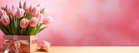 Bouquet of Pink Tulips Tied with a Satin Ribbon in a Pastel Gift Box Against a Warm Coral Backgroundの素材