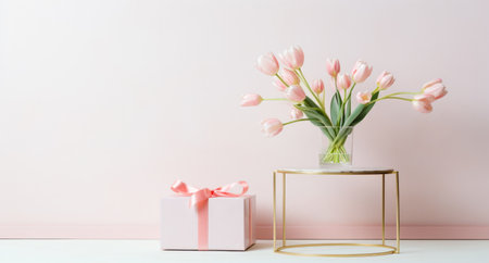 Spring composition with bouquet of pink white tulips and gift boxes on a pastel backgroundの素材