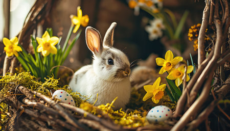 Warm Spring Sunshine on a Cute Rabbit in a Nest Among Fresh Daffodils and Easter Eggsの素材