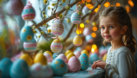 Charming Young Girl Decorating a Spring Tree with Colorful Easter Eggsの素材