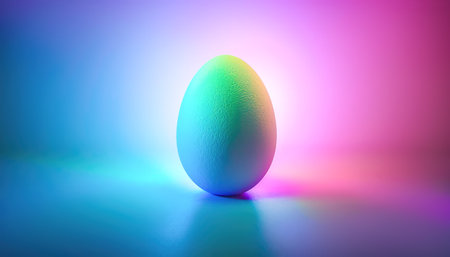 Pastel-Colored Easter Egg on a Vibrant Neon Background.の素材