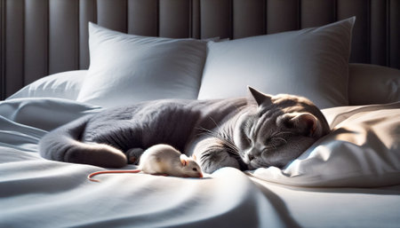 Cat and mouse sleeping together in soft bed.の素材