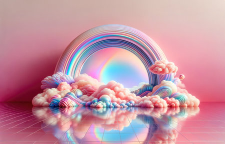Pastel Serene Cloudscape in Stylized Geometric Archの素材