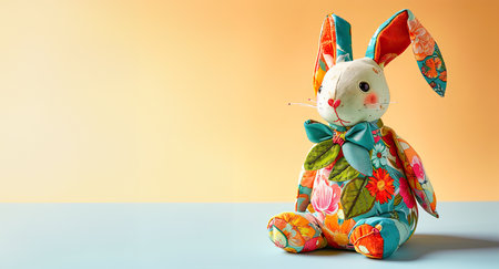 Handicraft Easter Rabbit From fabrics. Stuffed Bunny Toys Dressed in Spring Outfits with carrots.の素材