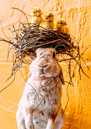 Easter Bunny with a Nest of Chicks on its Headの素材