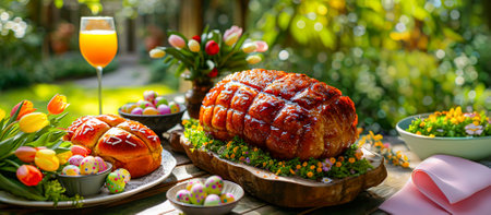 Festive Easter Brunch Spread with Glazed Ham, easter eggs, salads, assorted appetizers and spring flowersの素材