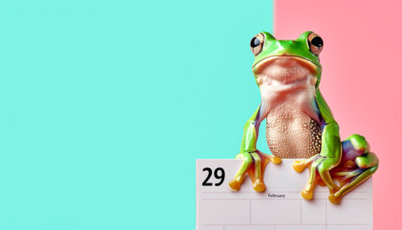 Frog sitting atop a calendar marked with February 29.の素材