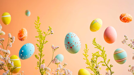 Easter floating eggs among spring flowersの素材