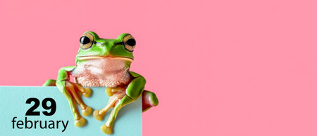 Frog sitting atop a calendar marked with February 29.の素材
