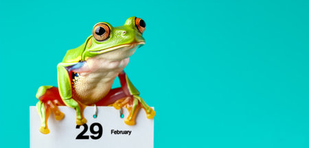 Frog sitting atop a calendar marked with February 29.の素材